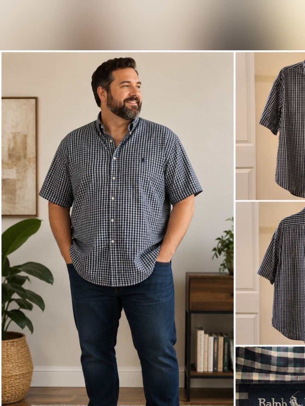 Ralph Lauren Navy and White Gingham Short-Sleeve Button-Down Shirt